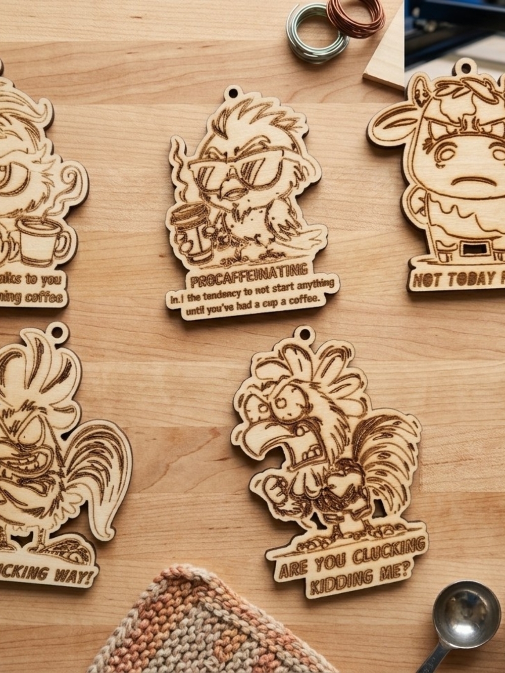 Laser-Cut Wood Chicken Ornaments - Natural Wood Tone